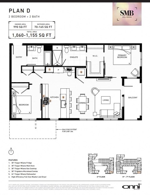 Floor plan for 2 beds, 2 baths, 990 sqft